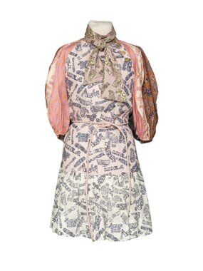 Zimmermann Spliced Zodiac Print 100% Linen Dress w Tie Neckline.